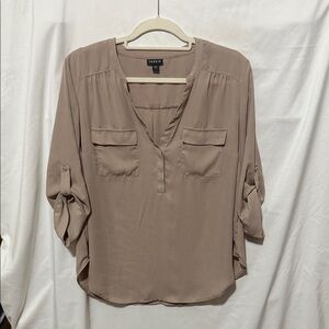 Torrid Taupe V-Neck Blouse with Roll-Tab Sleeves
